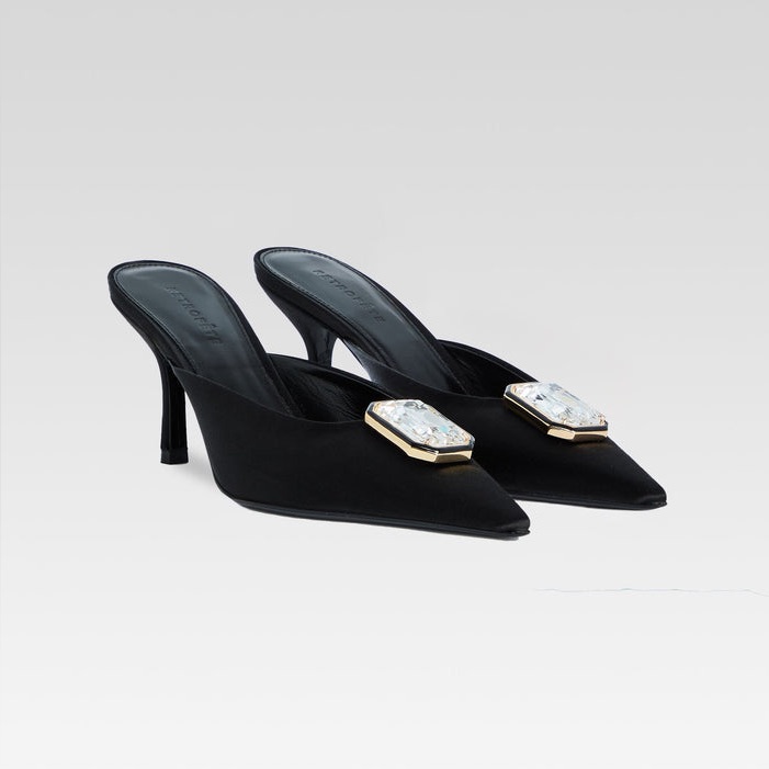 Retrofte Francesca Satin Kitten Mules - Black With Crystal